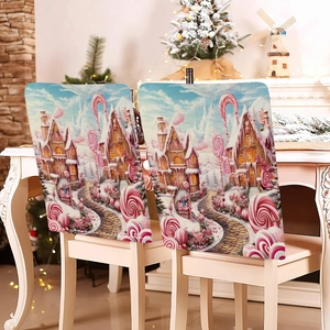 Close-up of two Christmas chair covers featuring colorful gingerbread house patterns