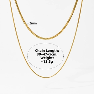 Detailed view of layered gold necklace with 2mm snake chain and length specifications