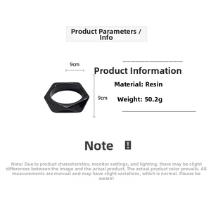 Detailed specs of geometric black resin bangle weighing 50.2g with 9cm outer diameter