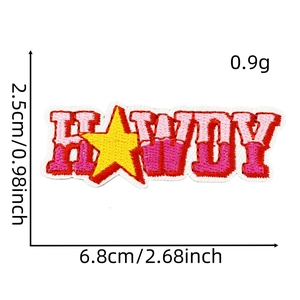 Detail of pink embroidered Howdy patch with dimensions of 2.5cm by 6.8cm and 0.9g weight