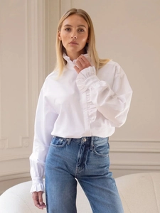 Elegant white ruffles stand collar long sleeve shirt for women with chic office style