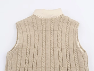 Detailed back view of beige cable knit vest showing thick texture and stand-up collar