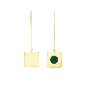 Minimalist gold square drop earrings with dark green velvet inlay in geometric style
