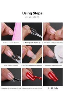 Nine-step visual guide for applying clear false nails and curing gel polish with a lamp
