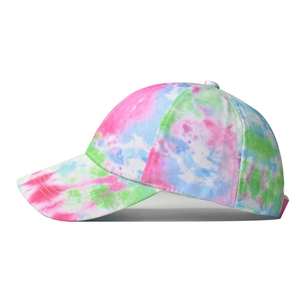Detailed side view of tie-dye cotton baseball cap in vibrant pink and blue colors