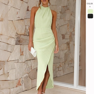 Elegant Pleated Halter Maxi Dress For Women Sleeveless High Slit Backless Bodycon Evening Party Vacation Solid Color