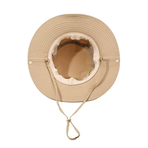 Outdoor khaki hiking sun hat with wide brim, breathable mesh lining and adjustable chin strap
