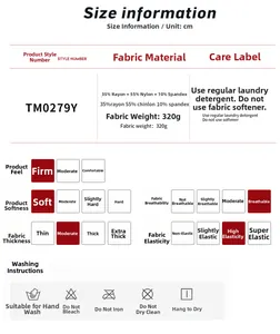 Size chart and fabric details for 5-piece yoga set showing material and care instructions