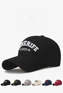 Detailed close-up of 3D embroidery on cotton baseball cap with vintage letters