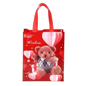 Pink heart balloon teddy bear non-woven gift bag with Best Wishes printing