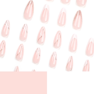 Pink French press-on nails with silver glitter stripes in a long almond shape
