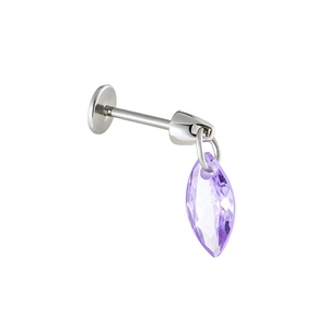 Sleek geometric silver cartilage stud featuring a faceted purple teardrop crystal pendant