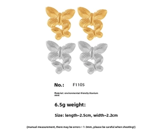 Detailed view of titanium steel butterfly studs with dual-layer wings and size specifications