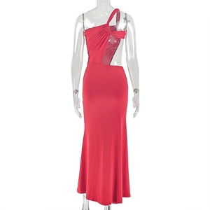 Close-up of the bright red one-shoulder maxi dress featuring waist cutout and ruched details