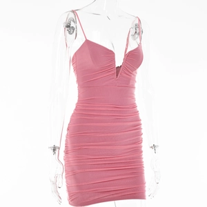 Detail of pink V-neck bodycon dress with ruched fabric on a mannequin