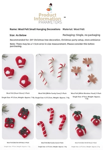 Close-up of wool felt Christmas ornaments featuring gingerbread and candy cane shapes