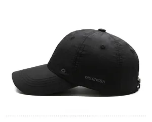 Side view of lightweight black quick-dry sports cap with reinforced brim stitching