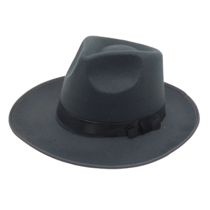 Classic dark grey fedora hat with a wide brim and black satin ribbon bow for men