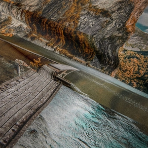 Macro shot of bohemian landscape tapestry showing detailed bridge and mountain print