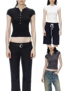 Women's Short Sleeve Henley T-Shirt Ribbed Knit Slim Fit Button Up Cropped Top American Vintage