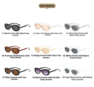 Matrix view of oval hollow sunglasses in nine color variations and diverse lens tints