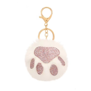 Plush white cat paw keychain with pink glitter paw pads and golden metal lobster clasp