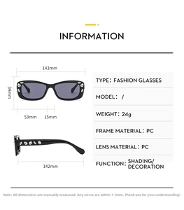 Detailed size specifications of square diamond sunglasses with 143mm frame width and PC lens