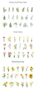 Detail of floral PET stickers showing watercolor tulips and green leaves for DIY scrapbooking