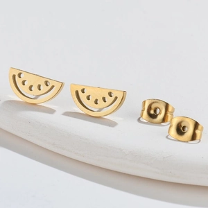 Hollow-out watermelon slice stud earrings in gold-tone finish for a summer minimalist look