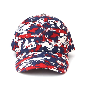Detail view of the red, white, and blue digital camouflage pattern on the baseball cap