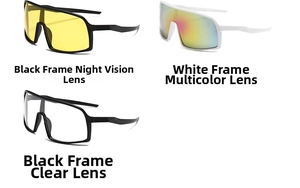 Outdoor cycling glasses details showing black, white frames with night vision and colorful lenses