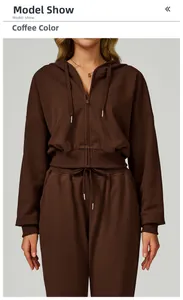Detail of coffee brown zip-up hoodie set showing fabric texture and drawstring hood