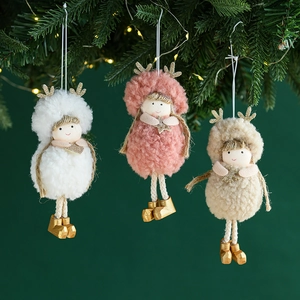 Plush Christmas reindeer doll hanging ornaments with golden stars for holiday decoration