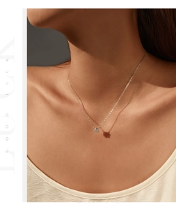 Detail of S925 sterling silver necklace with sparkling rose cut crystal pendant on neck