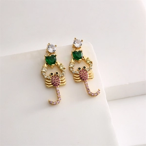 Exquisite gold scorpion stud earrings with green heart zircon and colorful stones