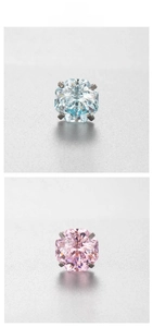 Detailed view of 6mm octagon cut zircon stud earrings in light blue and pink titanium steel