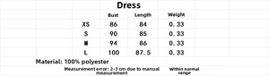 Detaillierte Größentabelle für das elegante rückenfreie Partykleid mit Stoffangaben
