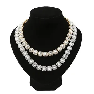 Luxury iced out Cuban link chain necklace with square rhinestones in gold and silver set