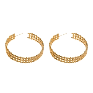 18K gold plated wide C-shape hoop earrings with woven texture on a white background