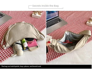 Internal view of beige nylon crossbody bag showing multiple pockets and storage capacity