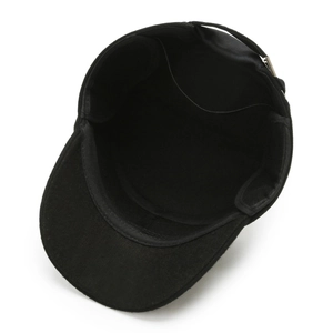 Men's wool winter flat cap in black featuring inner adjustable strap and warm lining