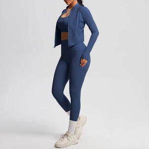 Three-piece dark blue yoga set with high-waist side pocket leggings and zip jacket