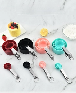 Detail showing colorful measuring cups and spoons with stainless steel handles and engraved scales