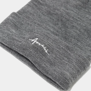 Stylish medium grey knit beanie with white embroidered script for casual winter warmth