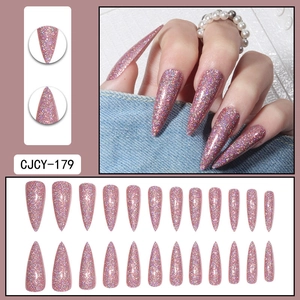 Set detallado de 24 uñas postizas stiletto largas con purpurina láser rosa y efecto arcoíris