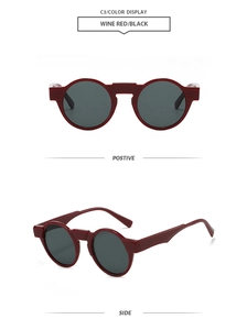 Front and side views of vintage wine red round sunglasses with dark grey lenses