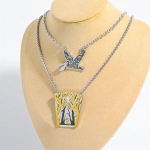Retro stainless steel necklace with bird pendant and forest tree rectangular charm