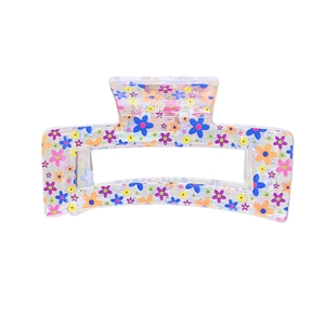 Floral print transparent rectangular acrylic hair claw clip with colorful summer pattern