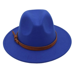 Detailed view of navy blue wool fedora featuring a brown leather strap and gold metal buckle