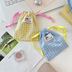 Checkered Drawstring Storage Bag Polyester Cloth Pouch For Cosmetics Travel Organizer Korean Style Fresh Embroidered Label